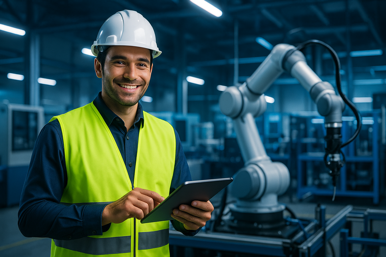 A man in a factory holds a tablet and stands in front of the machine